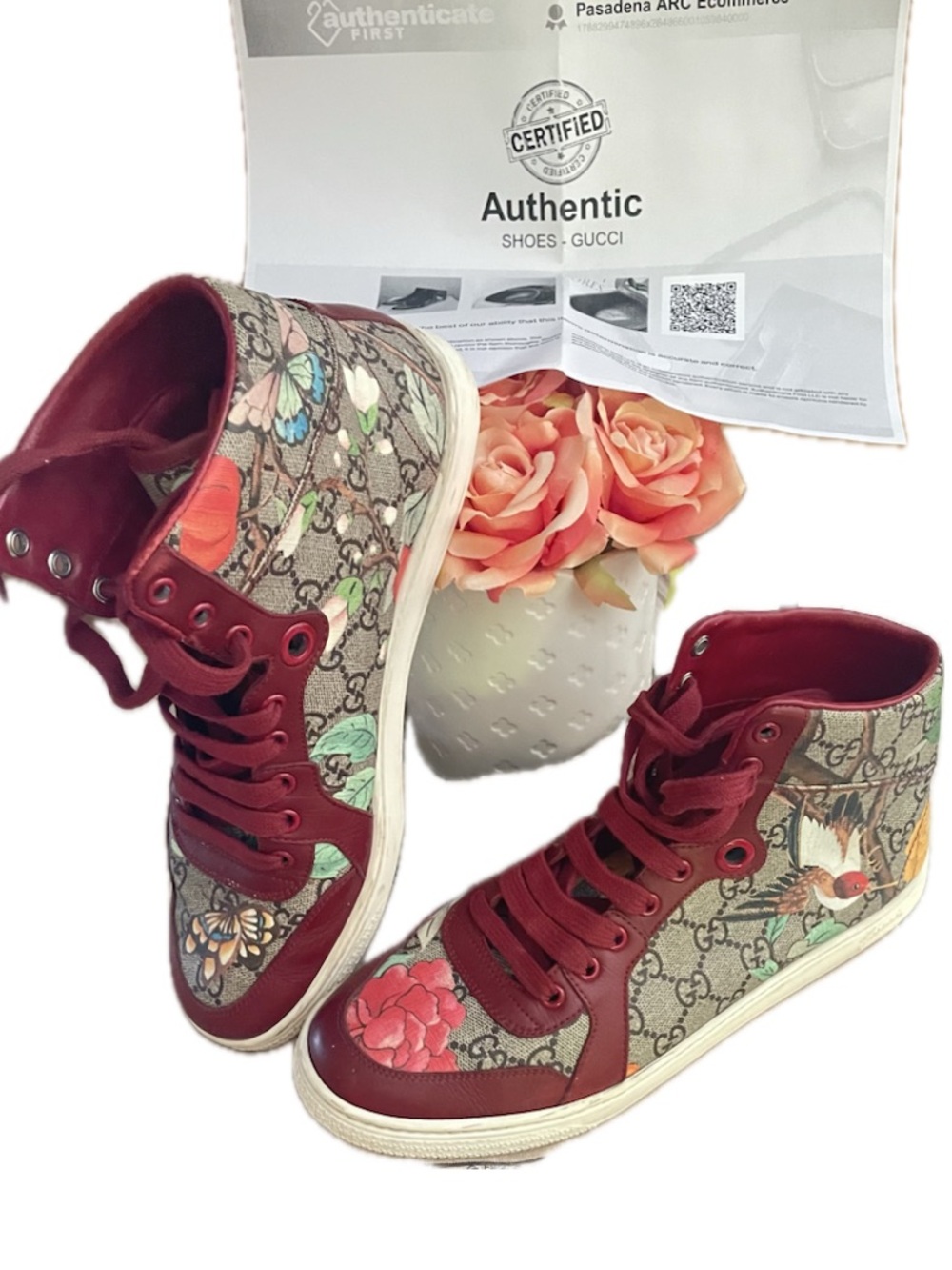 Gucci Beige GG Floral High-Top Sneakers with Red Accents